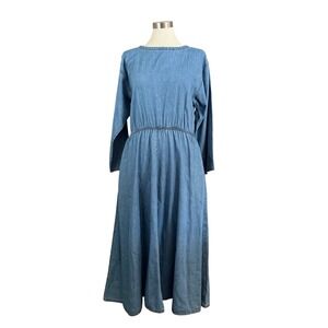 Coldwater Creek Vintage Denim Maxi Dress Cotton Long Sleeve Elastic Waist PS